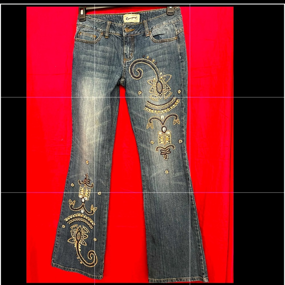 Vintage retro bohemian jeans size small decorated seashells and wood bead RARE!